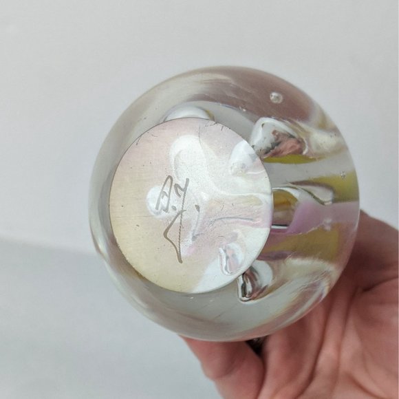 Signed AJ Adam Jablonski Hand Blown Art Glass Teardrop Paperweight Pink Yellow - Picture 5 of 6